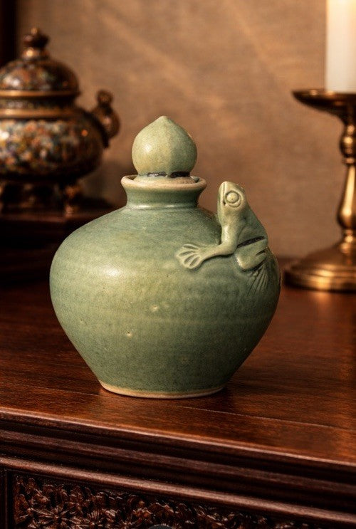 Vintage Asian Celadon Frog Vase | Hand-Glazed Stoneware Miniature Old Estate 4”