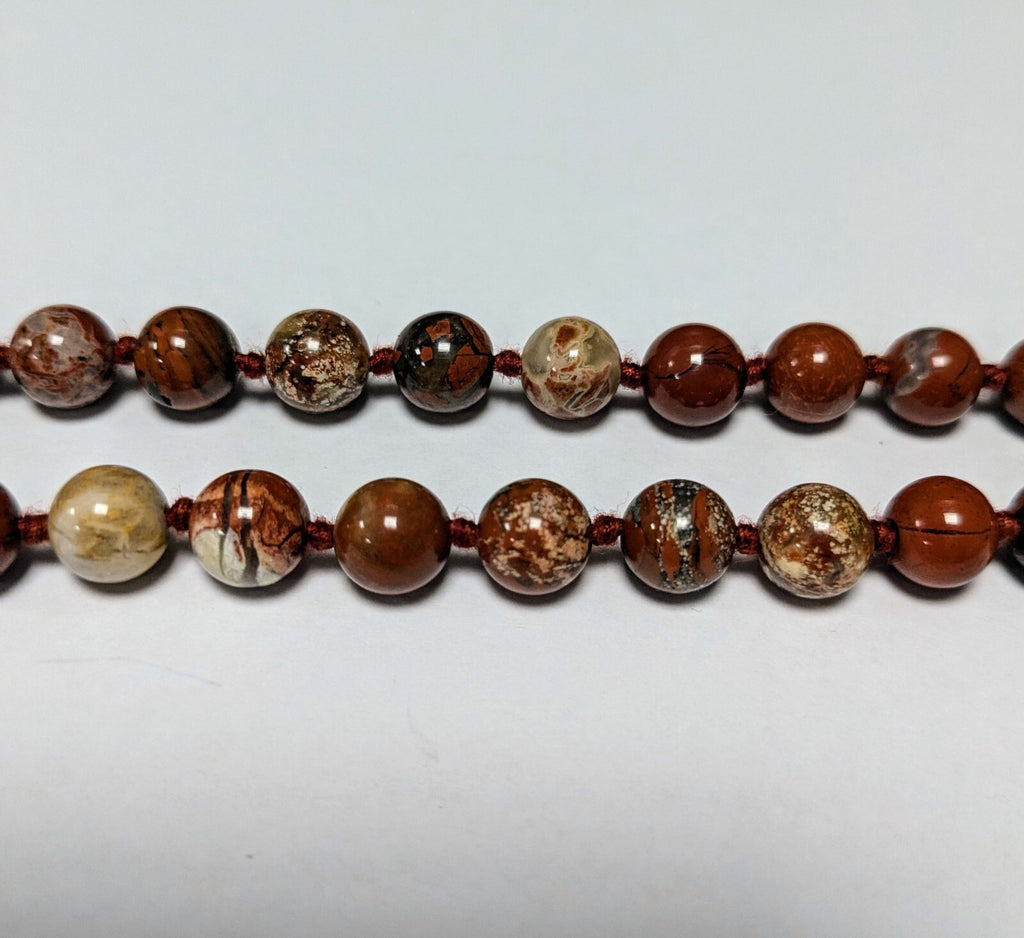 30” Natural Round Red Leopard Skin Jasper Hand Knotted Beaded Necklace