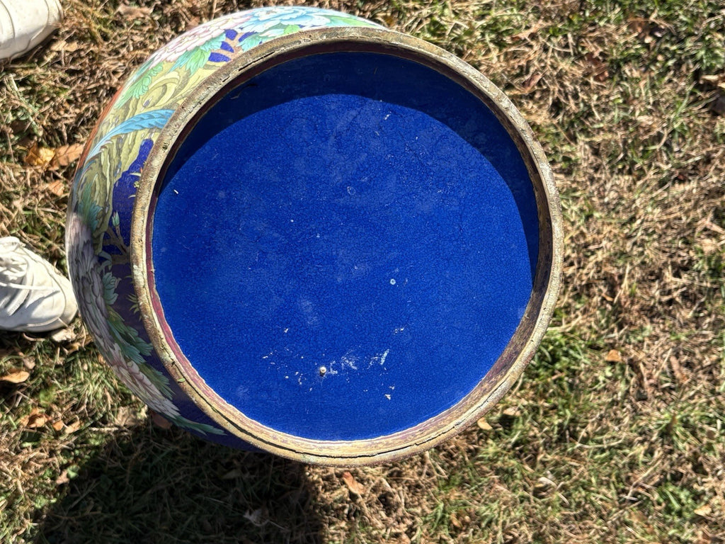 Large Vintage Cobalt Blue Cloisonné Style Vase Floral Birds Brass Rim Asian 30”