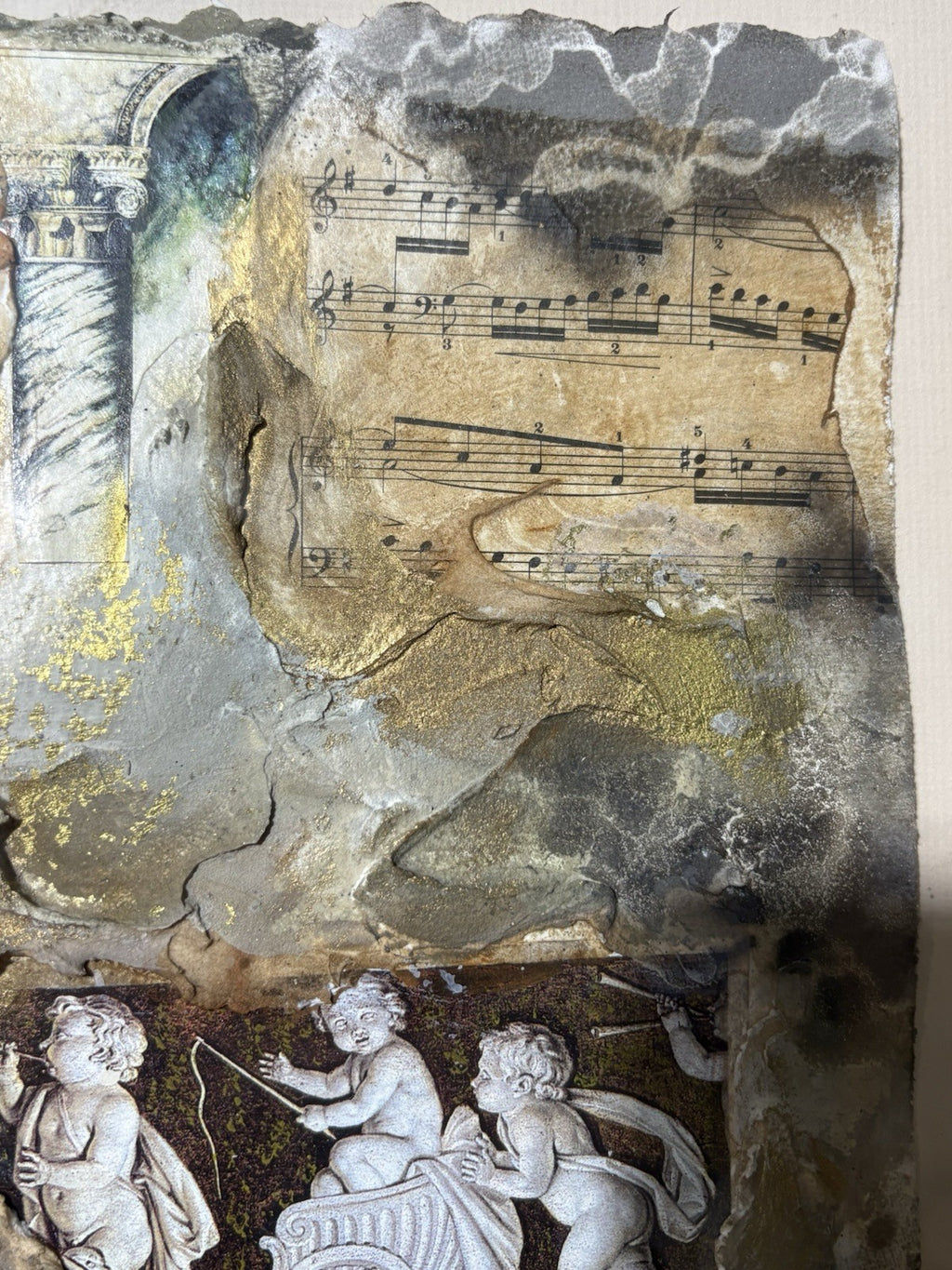 Linda Denison Mixed Media Collage Gold Leaf Art Framed Classical Scene