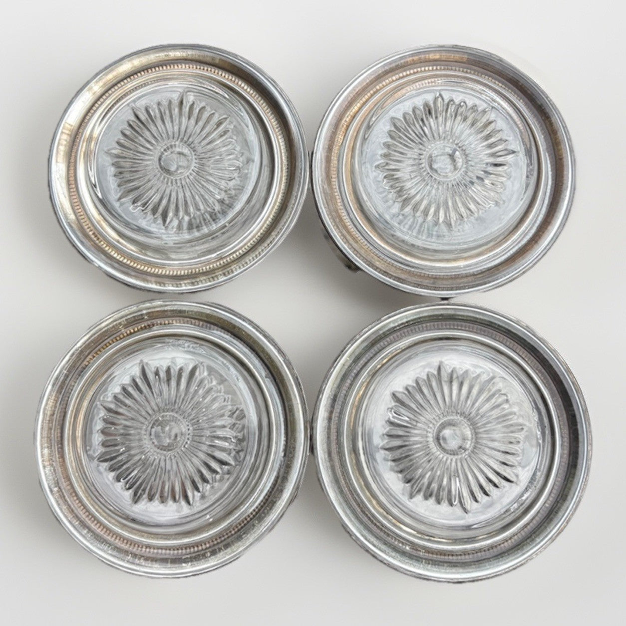 Vintage Sterling Silver Weighted Glass Coasters Set of 4 Starburst Crystal