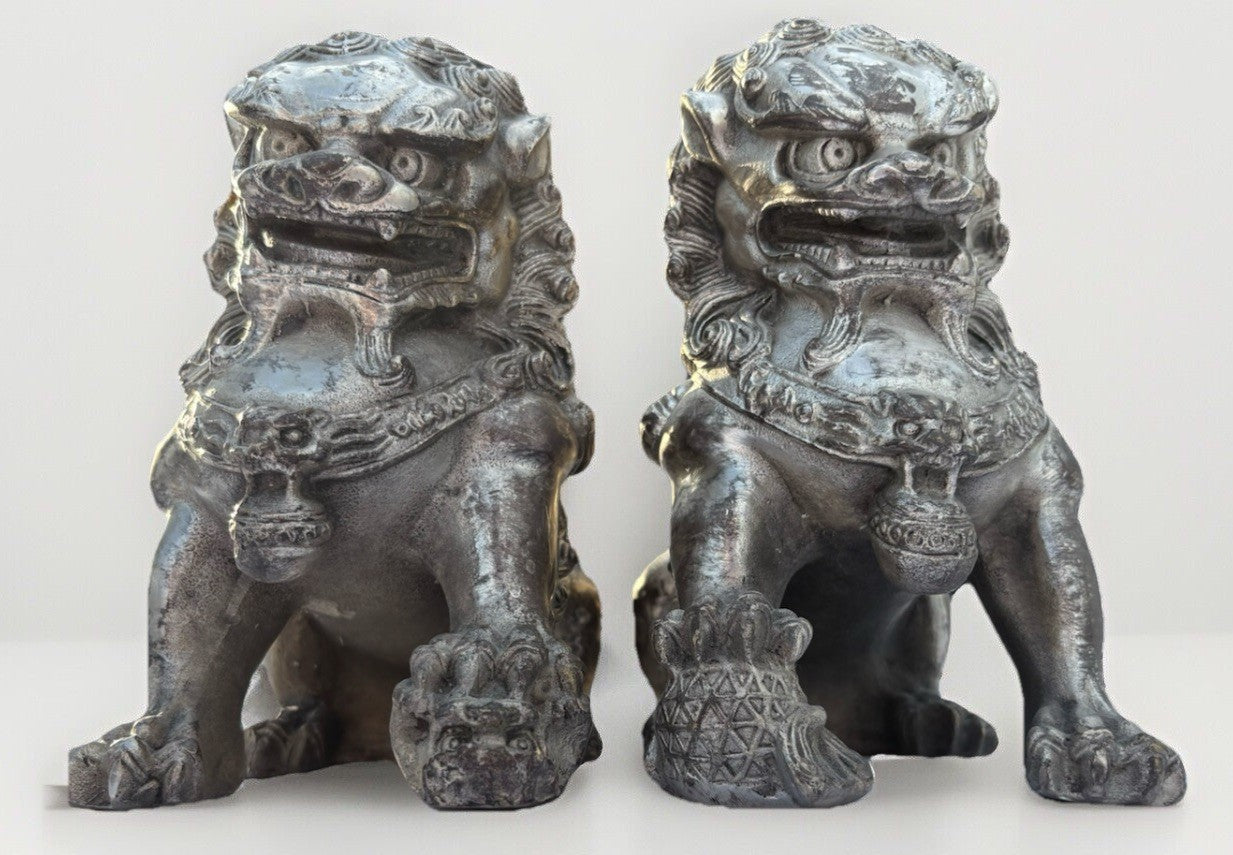 Vintage Metal FOO DOGS: Pair of Heavy Metal Foo Dog. 6”x4”x3”