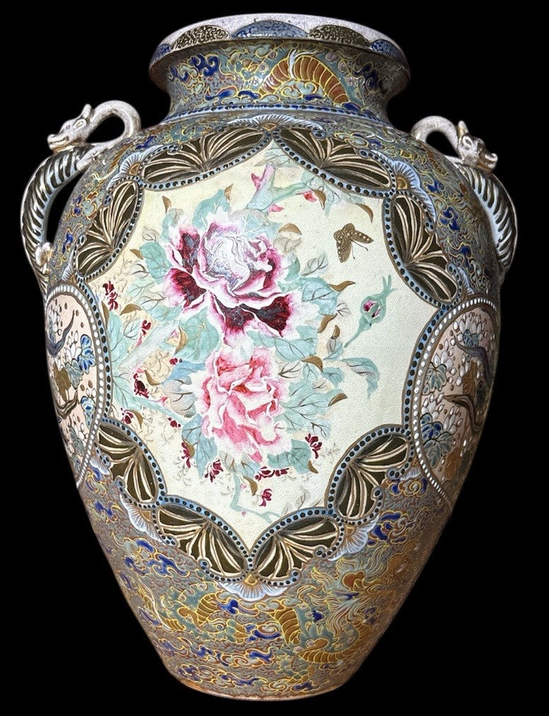 Large 1800s Satsuma Kinkozan Vase – Gilt Dragons, Phoenix, Roses, Heavy Enamel
