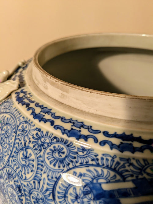Antique Chinese Blue White Temple Jar Foo Lion Butterfly Handle Qing RARE