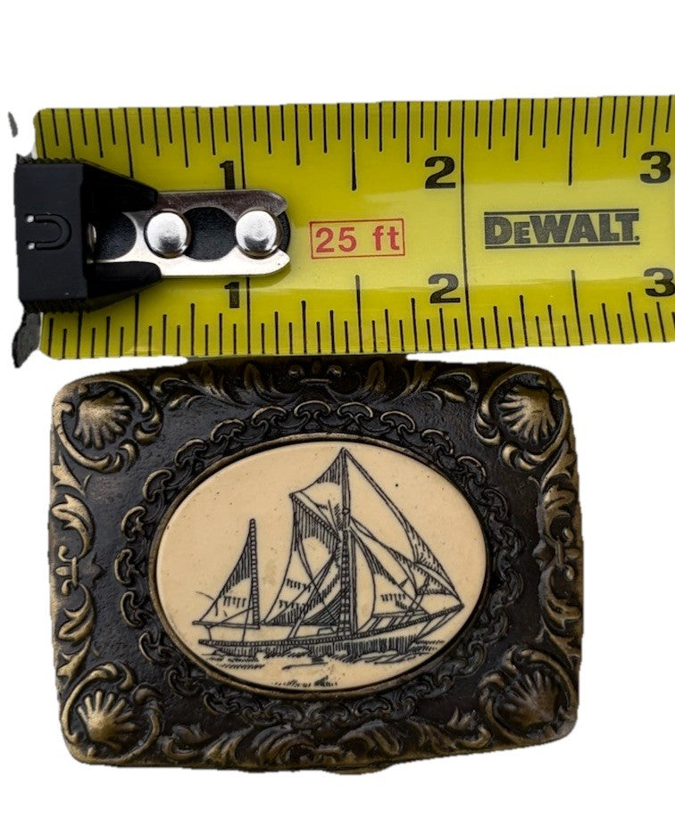 Oden Brass Etched Faux Scrimshaw Sailboat Schooner Belt Buckle 2-1/2" x 1-3/4"