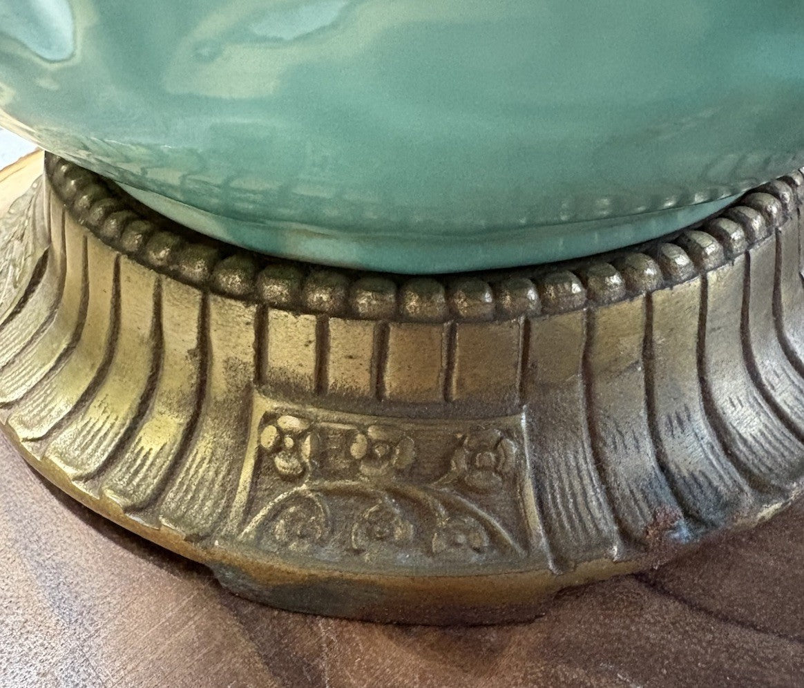 Art Deco 1920s Celadon Porcelain Lamp w/ Brass Double Socket Base