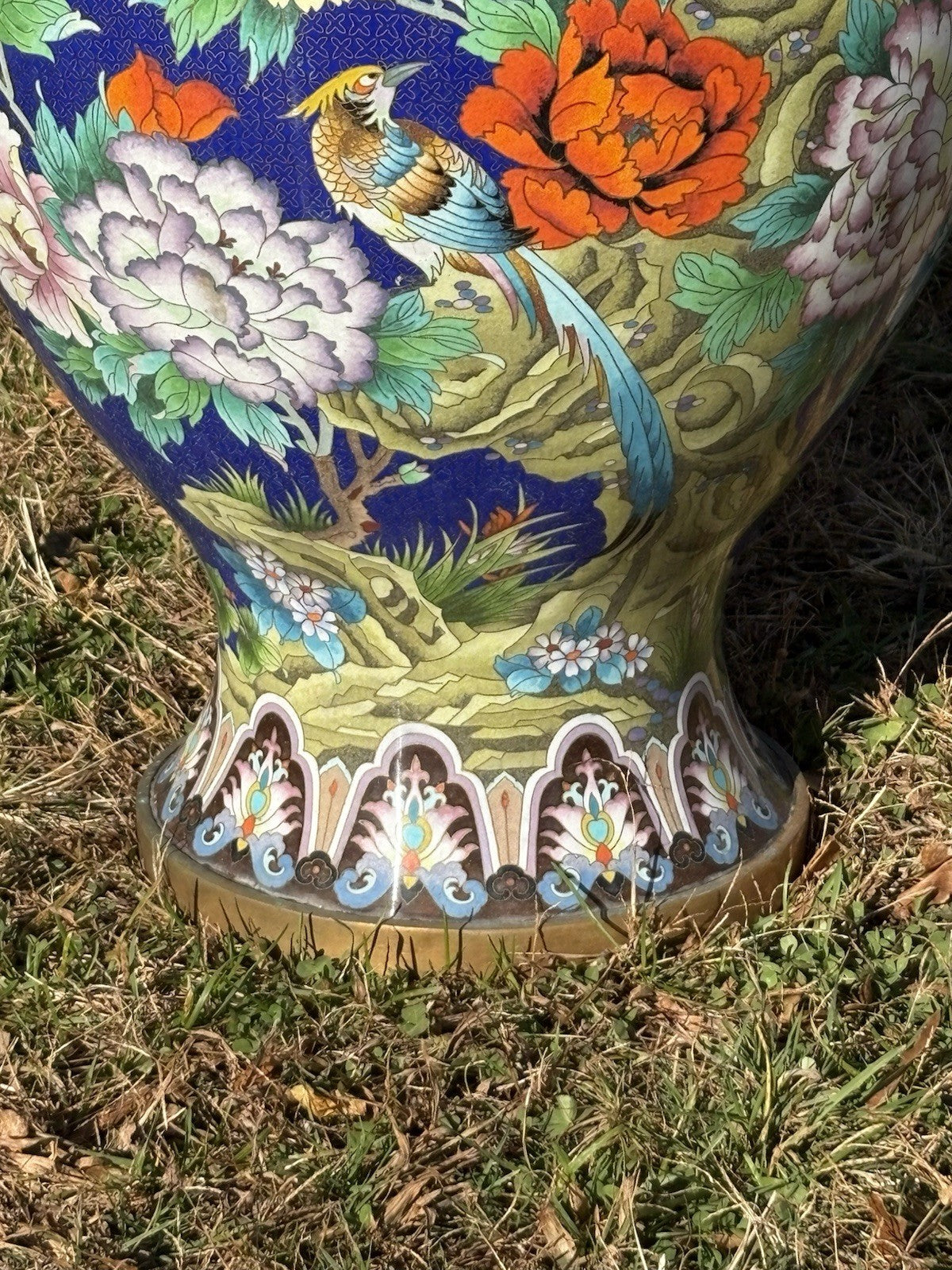 Large Vintage Cobalt Blue Cloisonné Style Vase Floral Birds Brass Rim Asian 30”