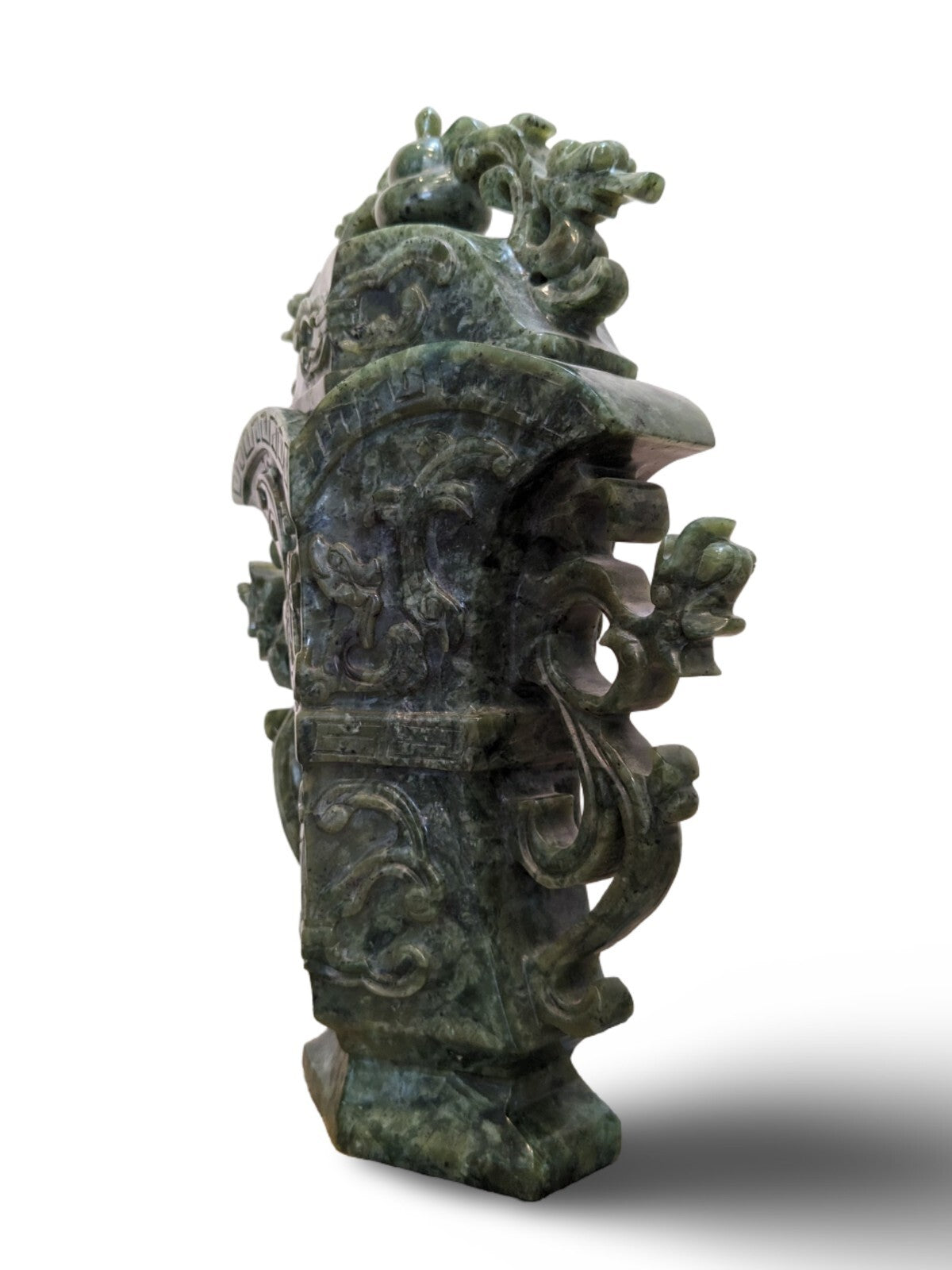 Antique Chinese Carved Green Jade Ritual Vase Archaistic Hu Form 11.5”