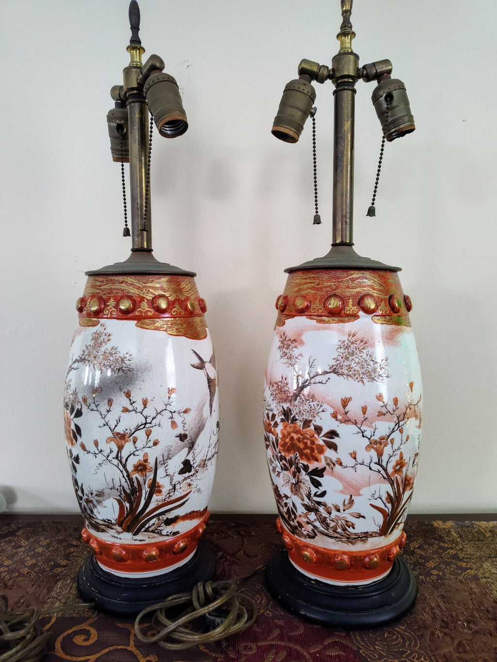 Pair Meiji Japanese Kutani Seizan Lamps, Gilt Birds & Cranes, Hand Painted