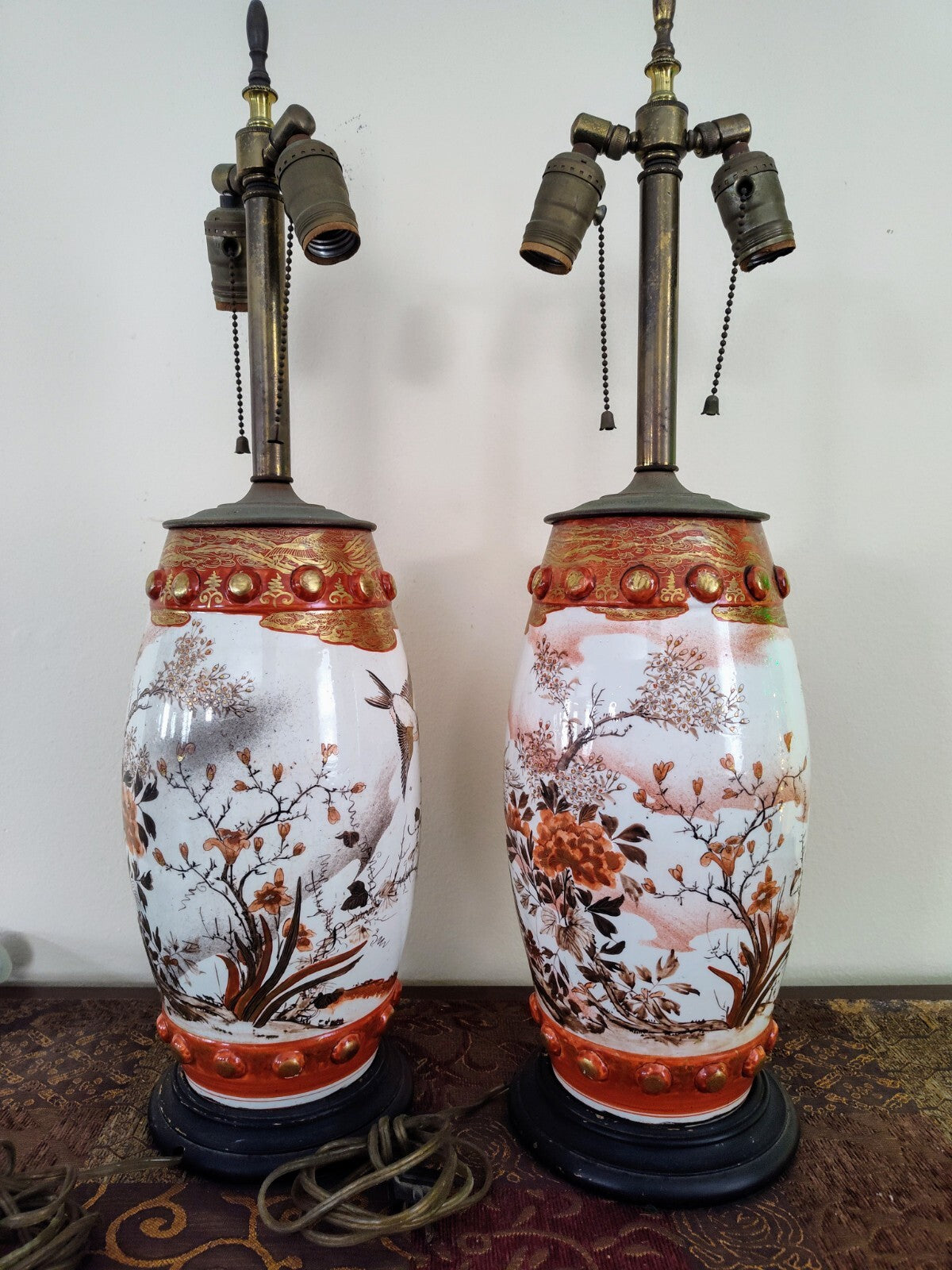 Pair Meiji Japanese Kutani Seizan Lamps, Gilt Birds & Cranes, Hand Painted