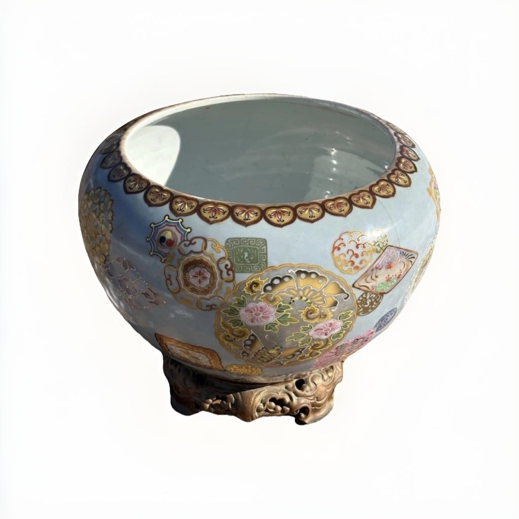 Late Meiji Japanese Blue-Ground Satsuma-Style Jardiniere, Bronze Stand
