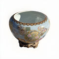 Late Meiji Japanese Blue-Ground Satsuma-Style Jardiniere, Bronze Stand