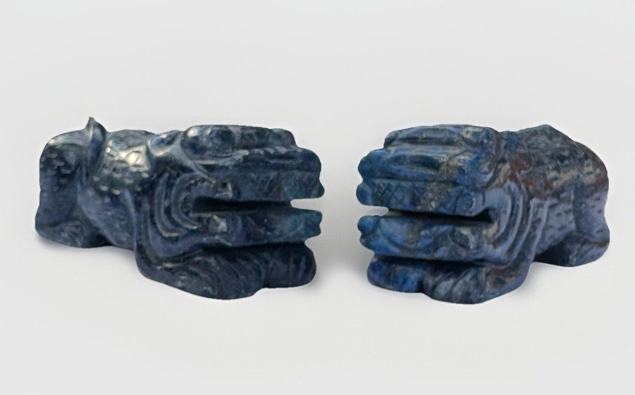 Set of Two Lapis Blue Hand Carved Foo Dogs Sculptures Vintage