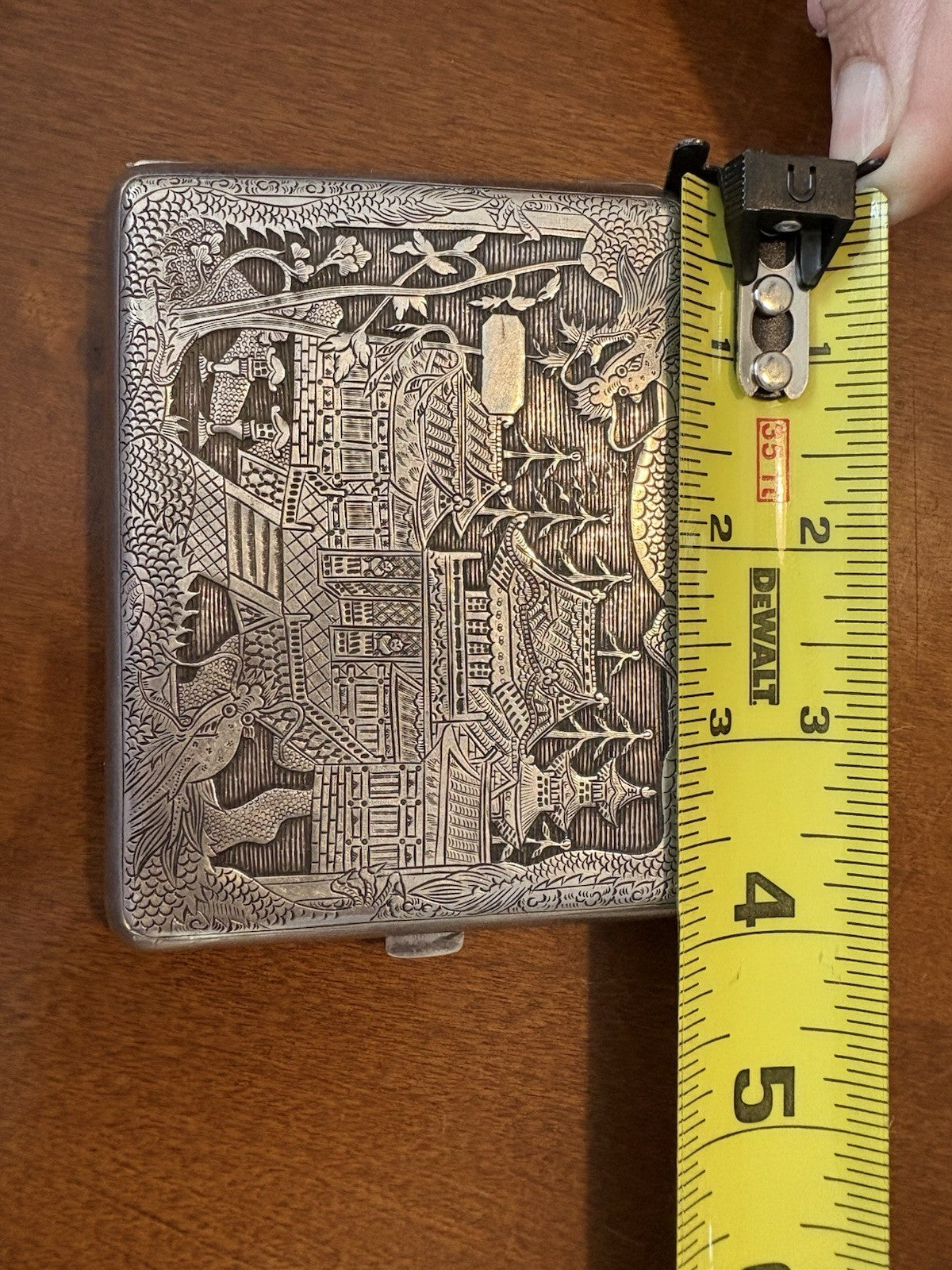 Antique Japanese TOKYO SOLID SILVER Case Dragon & Pagoda Scene 1900 Hand Engrave