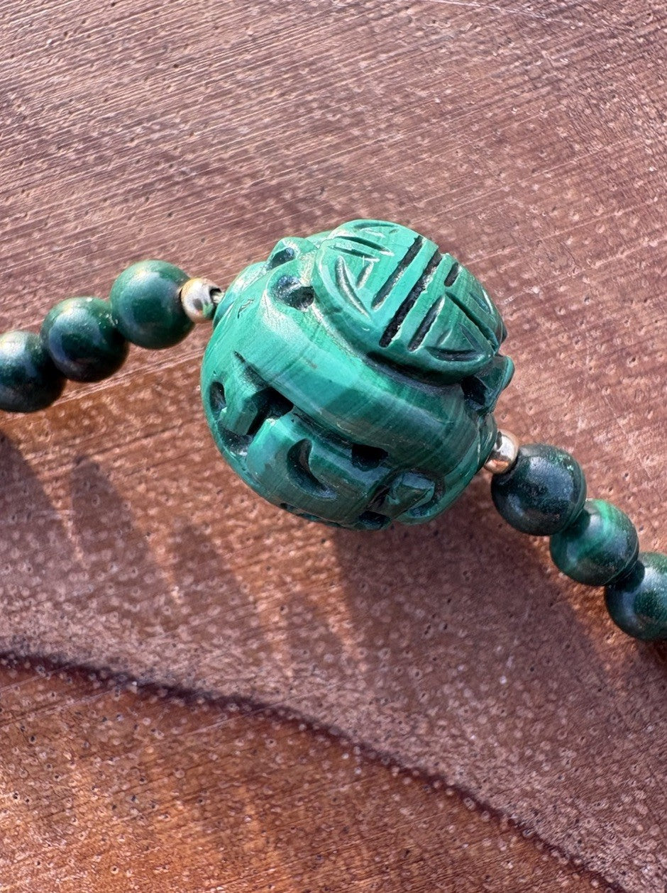 14k Vintage Carved Malachite Necklace Longevity Beads 18” Hand Knotted 14K Clasp