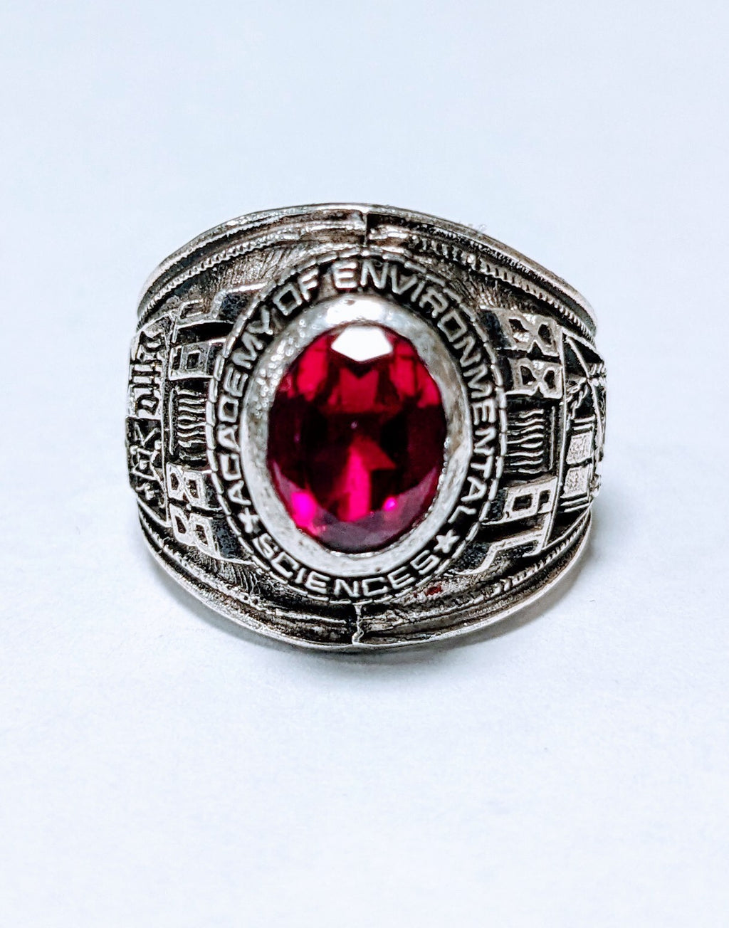 925 Sterling Silver Vintage Lab-Created Ruby 1988 School Ring Size 7 Beautiful