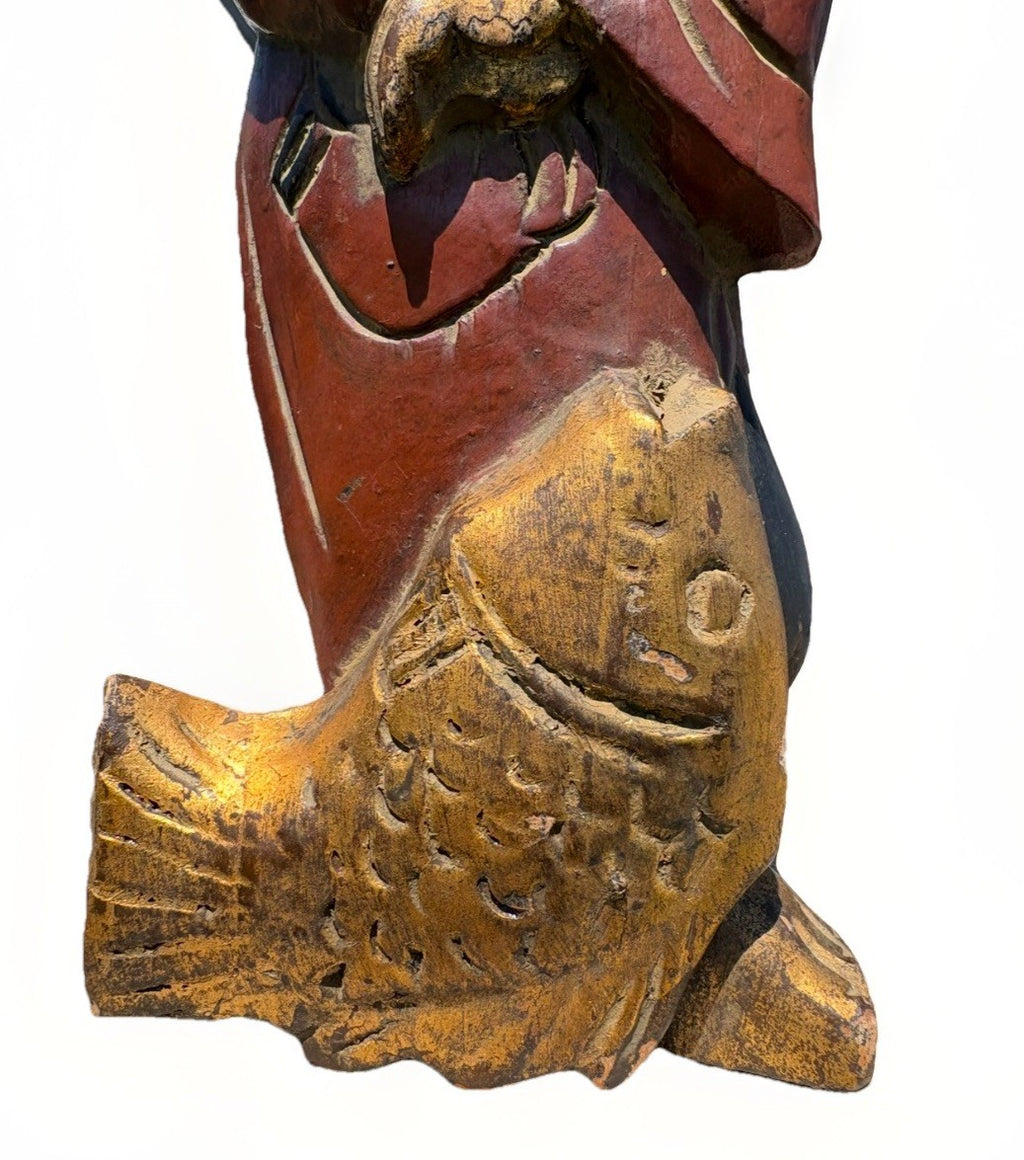 Antique Japanese Ebisu Fisherman Wood Carving Statue Folk Art Figure