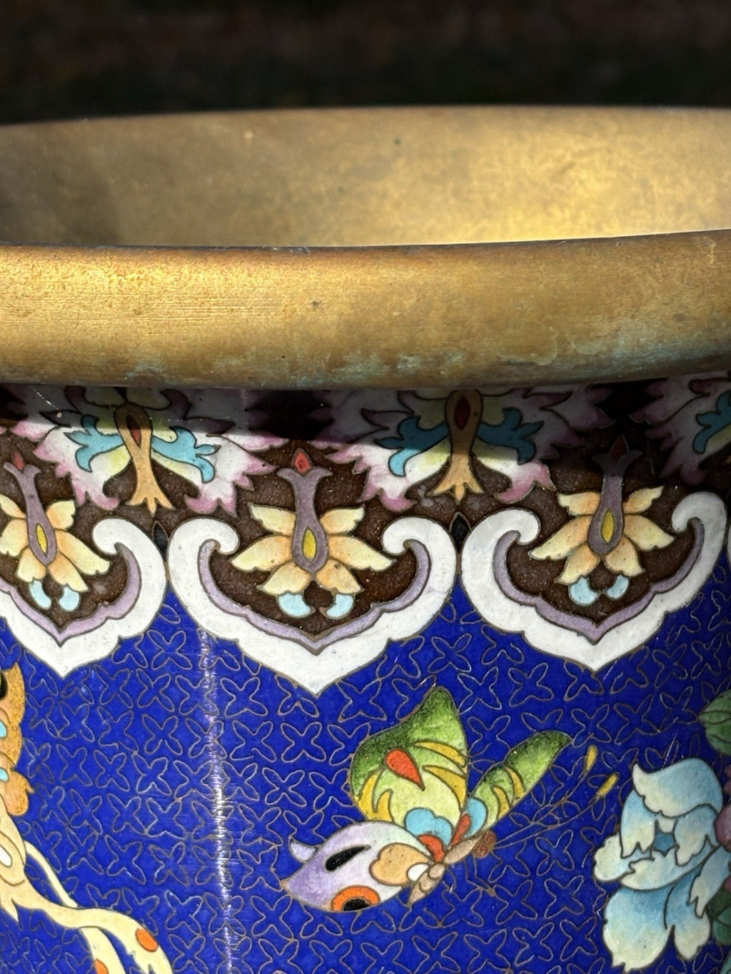 Large Vintage Cobalt Blue Cloisonné Style Vase Floral Birds Brass Rim Asian 30”