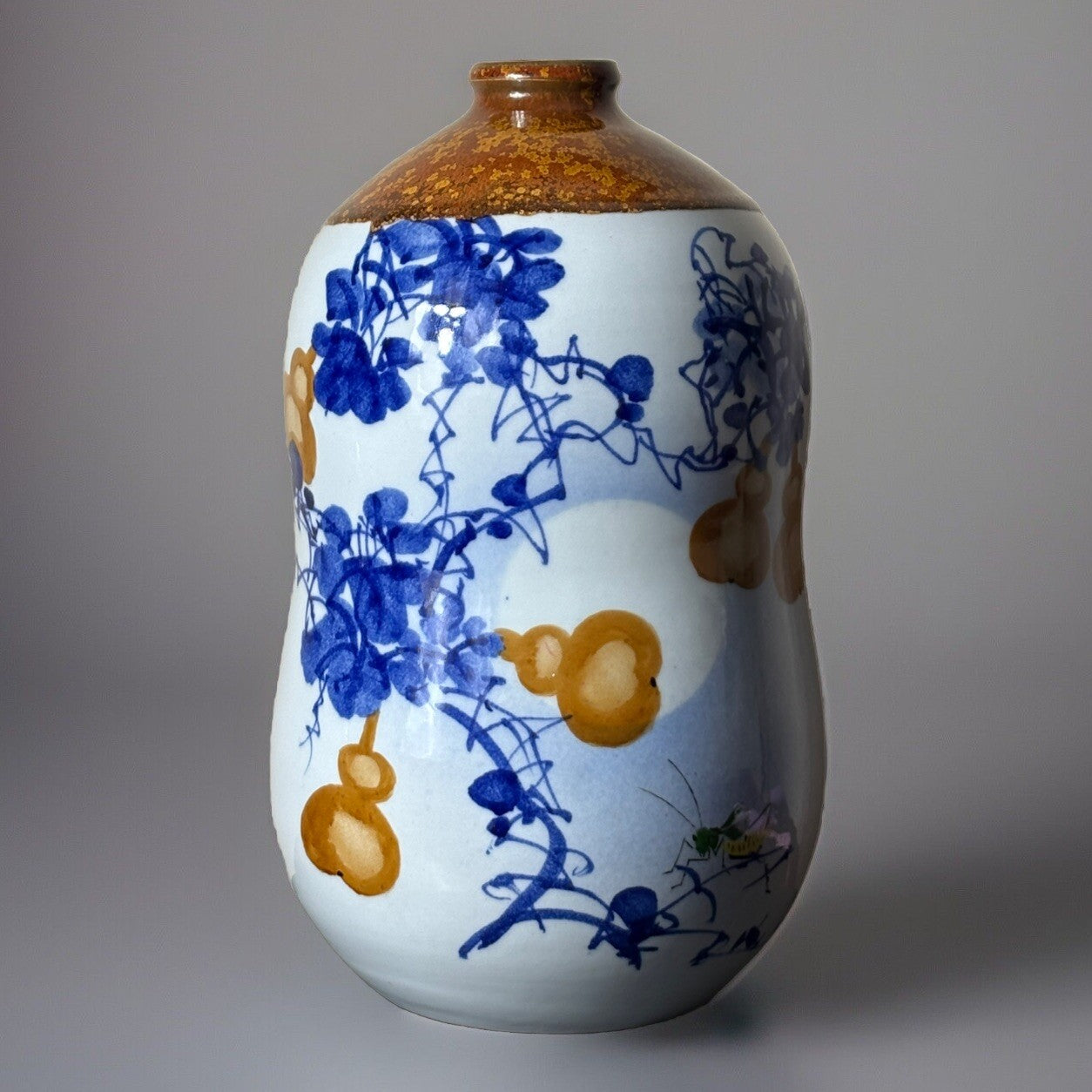 Chinese Gourd & Cricket Vase Blue Amber Enamel Calligraphy Republic Style 11.5”