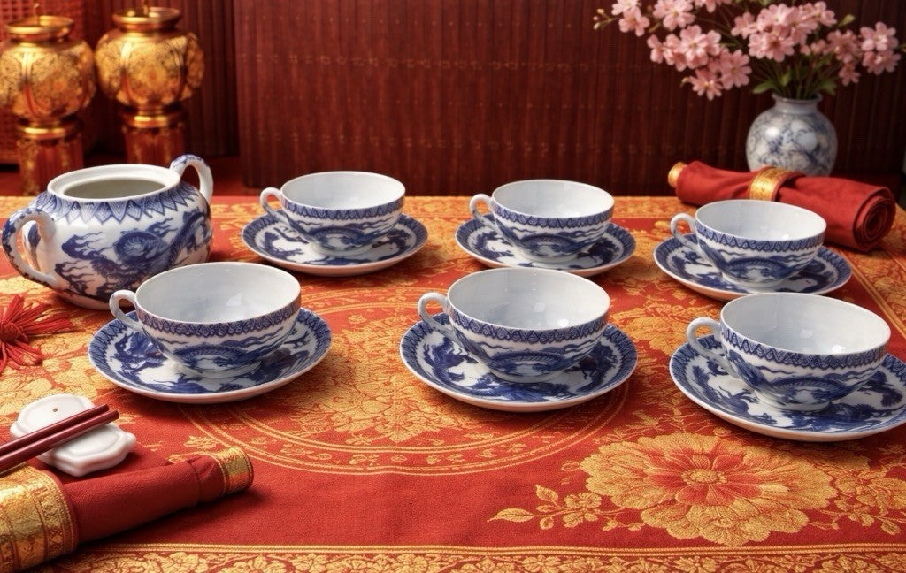 Vintage Blue & White Porcelain Dragon Tea Service – Japan