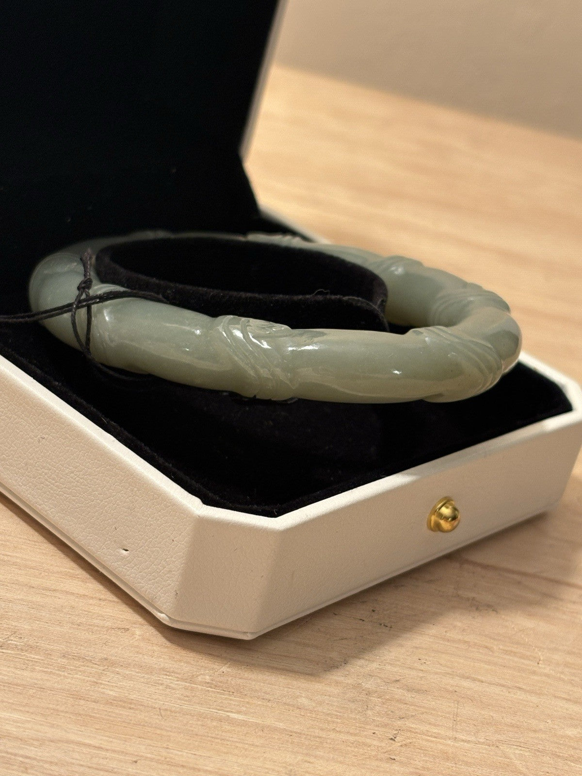 Natural Jade Bamboo Carved Oval Bangle Bracelet Celadon Green