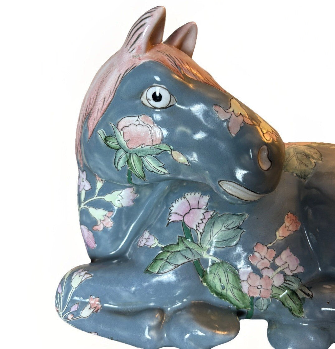 Large Vtg. Chinese HORSE Figurine Handpainted Decorated Oriental Flowers