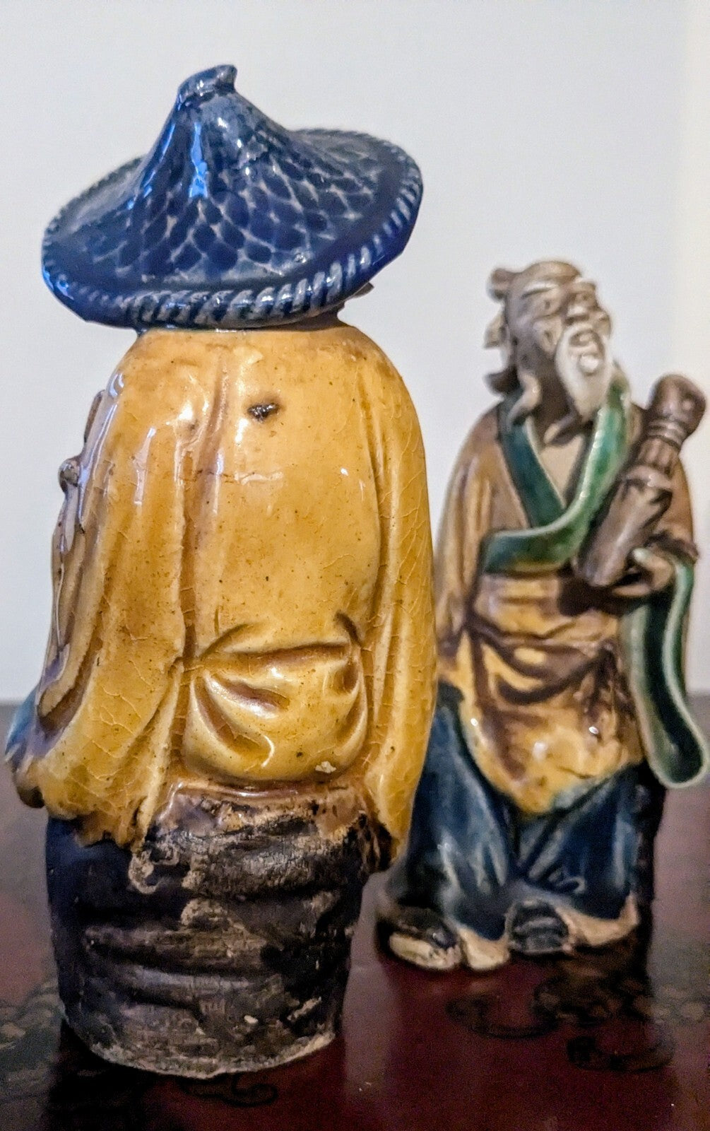PAIR ANTIQUE MUD MAN 1890-1919 CHINESE FIGURE MAJOLICA POTTERY GLAZED