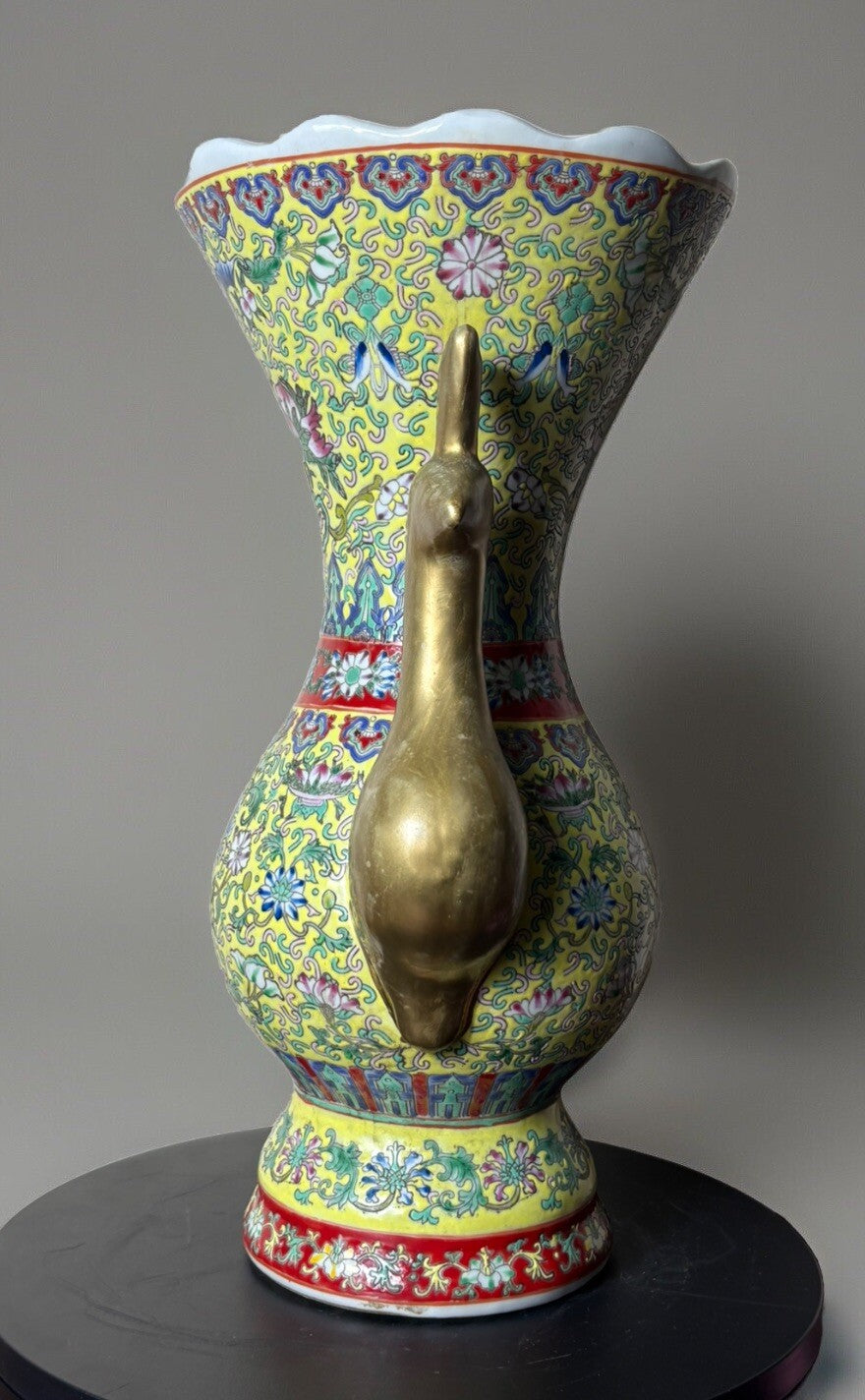 Antique Chinese Famille Rose Yellow Ground Vase w/ Gilt Phoenix Handles 15”