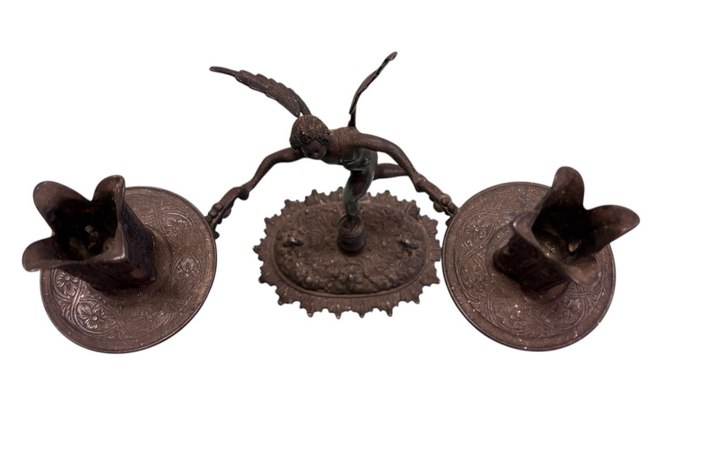 French Bronze Cherub Candle Holder – Art Nouveau Winged Putto Candelabra