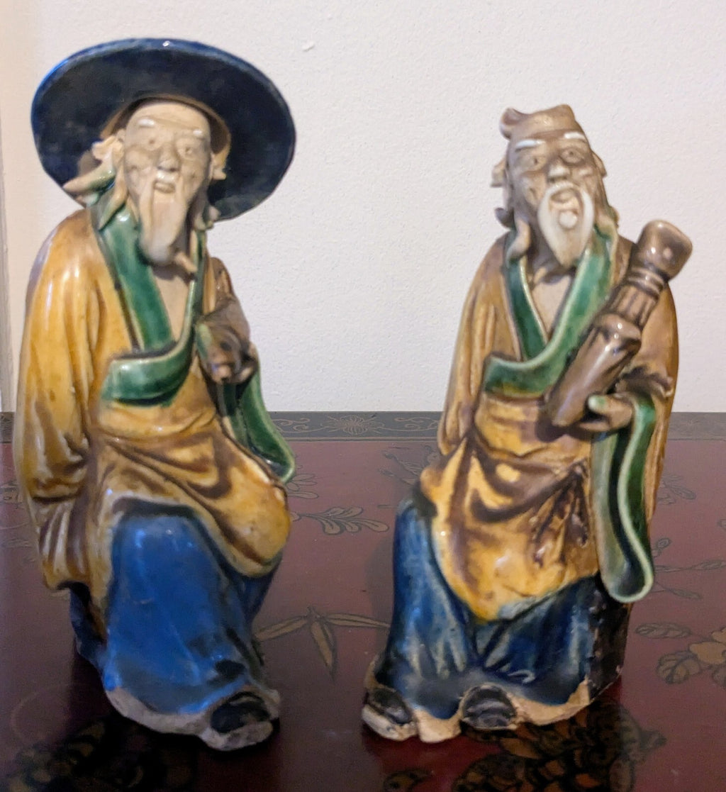 PAIR ANTIQUE MUD MAN 1890-1919 CHINESE FIGURE MAJOLICA POTTERY GLAZED