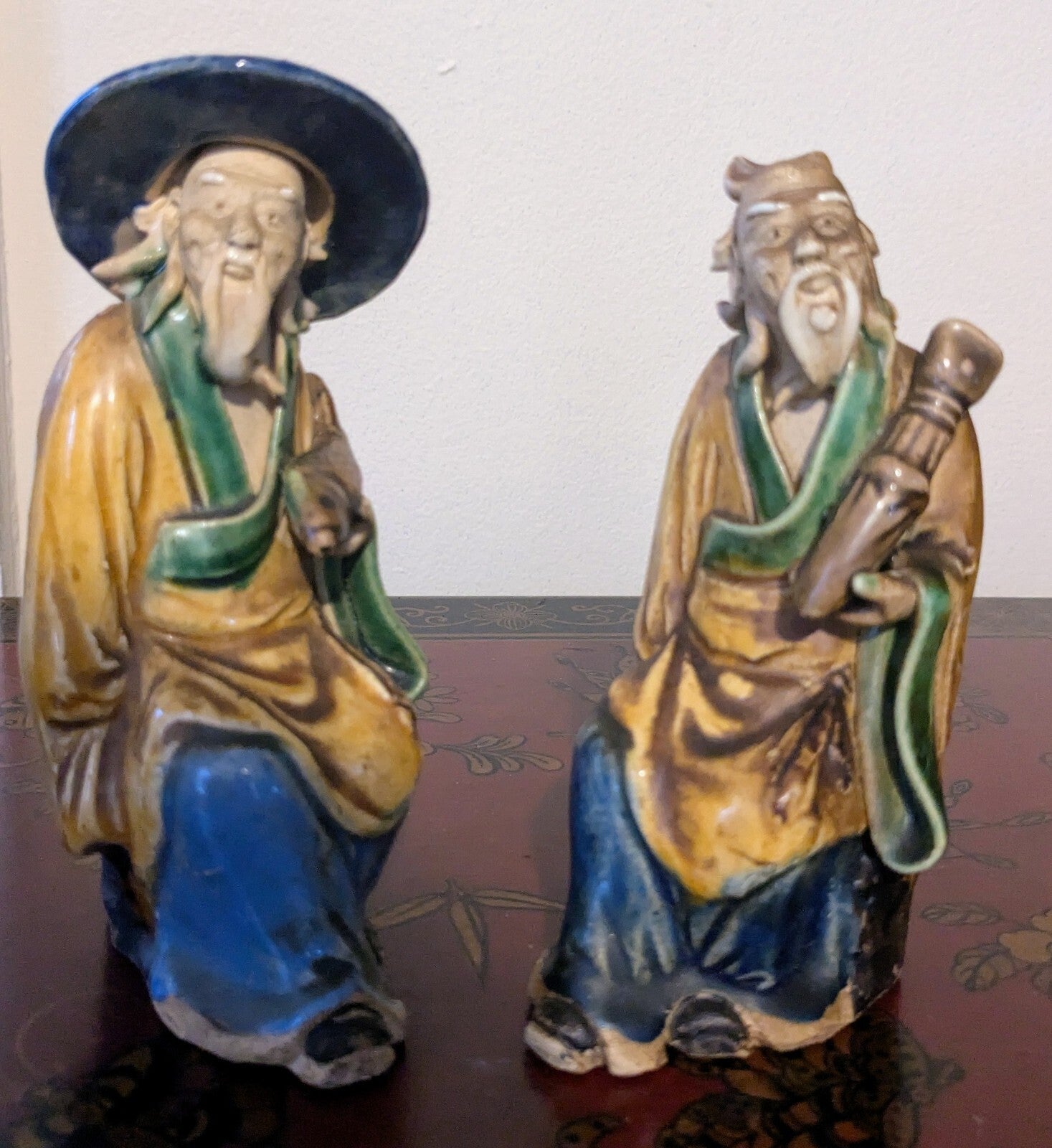 PAIR ANTIQUE MUD MAN 1890-1919 CHINESE FIGURE MAJOLICA POTTERY GLAZED