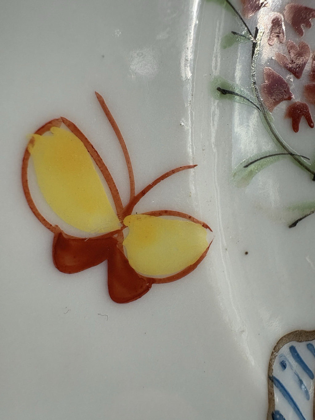 Meiji–Taishō Kutani Hand-Painted Plate Flowers & Butterfly, Signed 19th C
