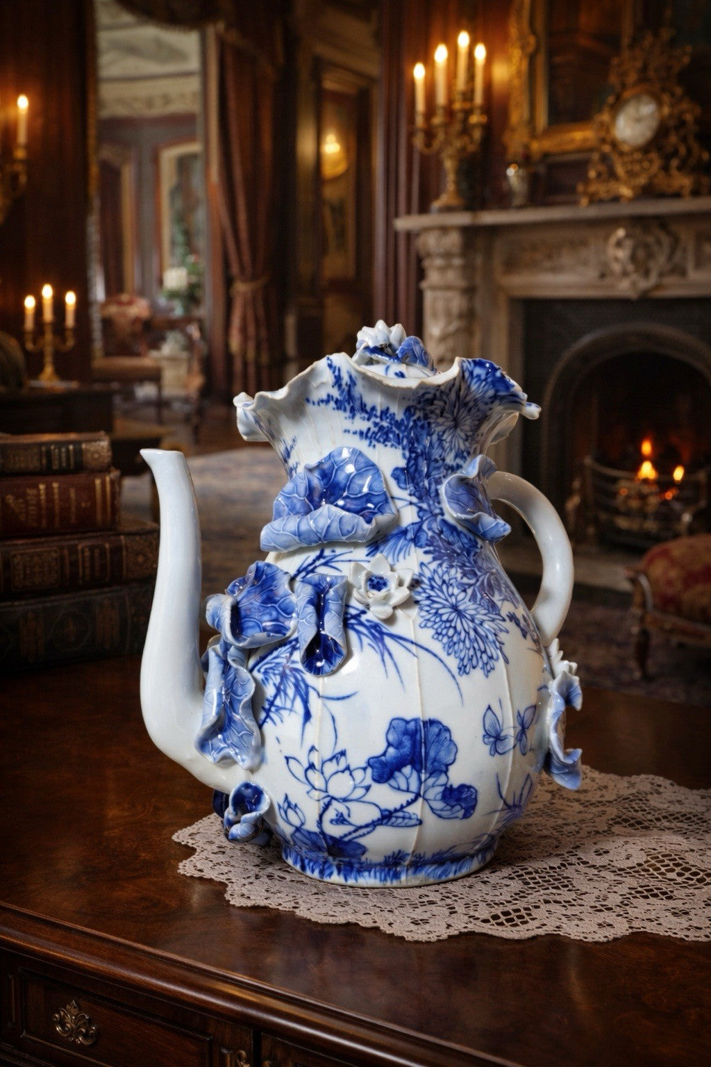 Rare 19thC Victorian Blue White Porcelain Pitcher Floral Relief Teapot Antique