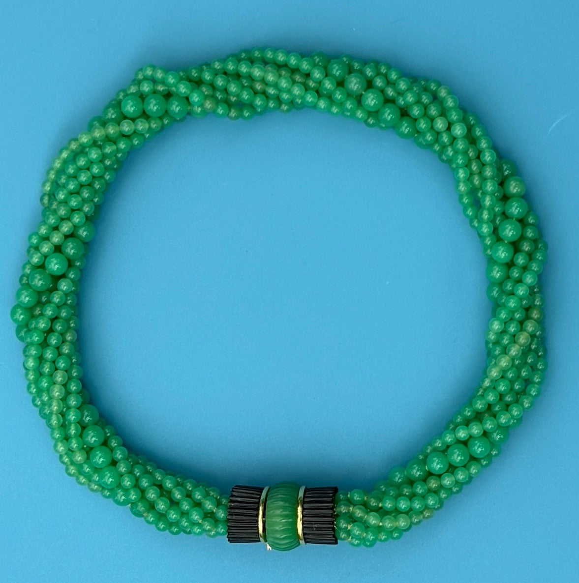 Art Deco 14k Gold Icy Jade Multi-strand Beaded Necklace-Onyx Carved Barrel Clasp