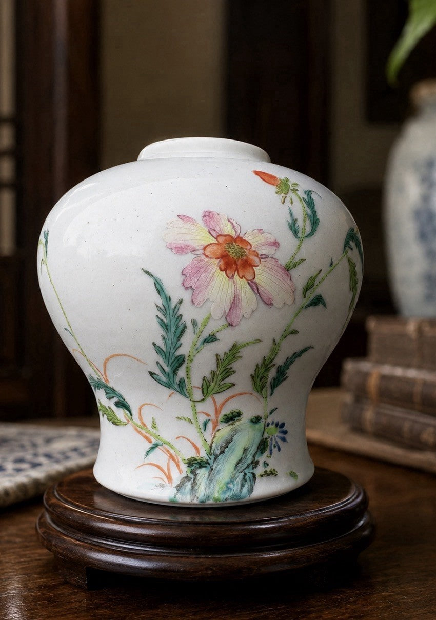 Antique Chinese Hand Painted Porcelain Scholar Vase Floral Republic Era