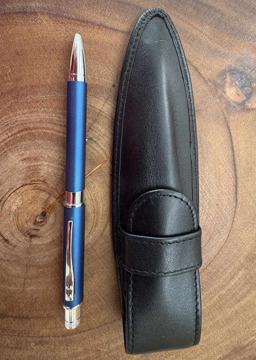 Cross Blue Satin Chrome Ballpoint Pen w/  Leather Case
