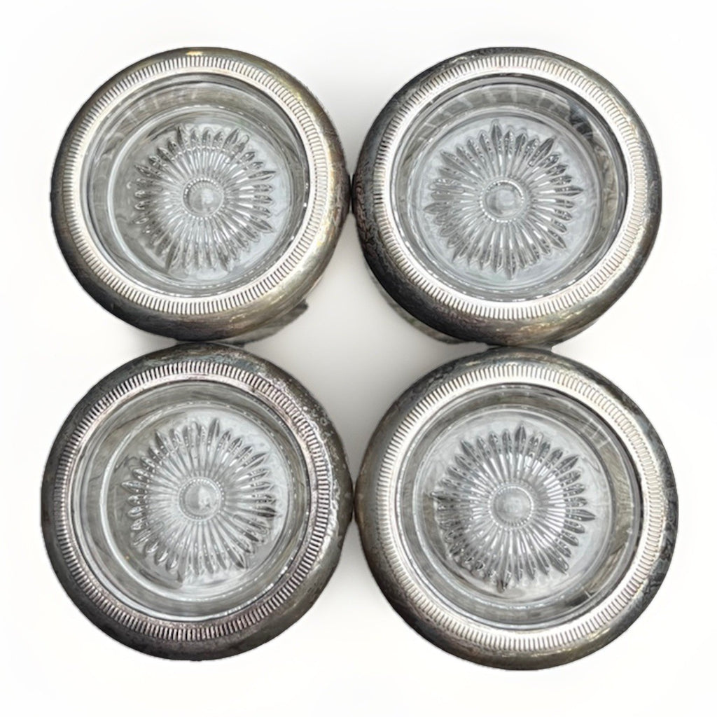 Vintage Sterling Silver Weighted Glass Coasters Set of 4 Starburst Crystal