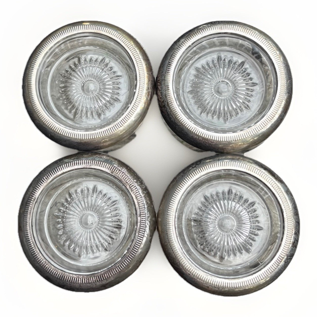 Vintage Sterling Silver Weighted Glass Coasters Set of 4 Starburst Crystal