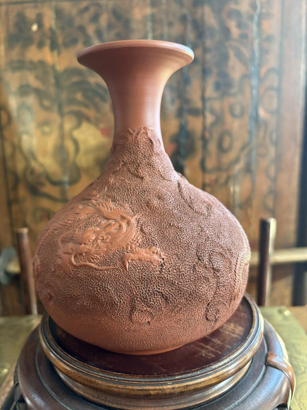 JAPANESE MOLDED RED  POTTERY JAR, MEIJI PERIOD 6.5” Tall