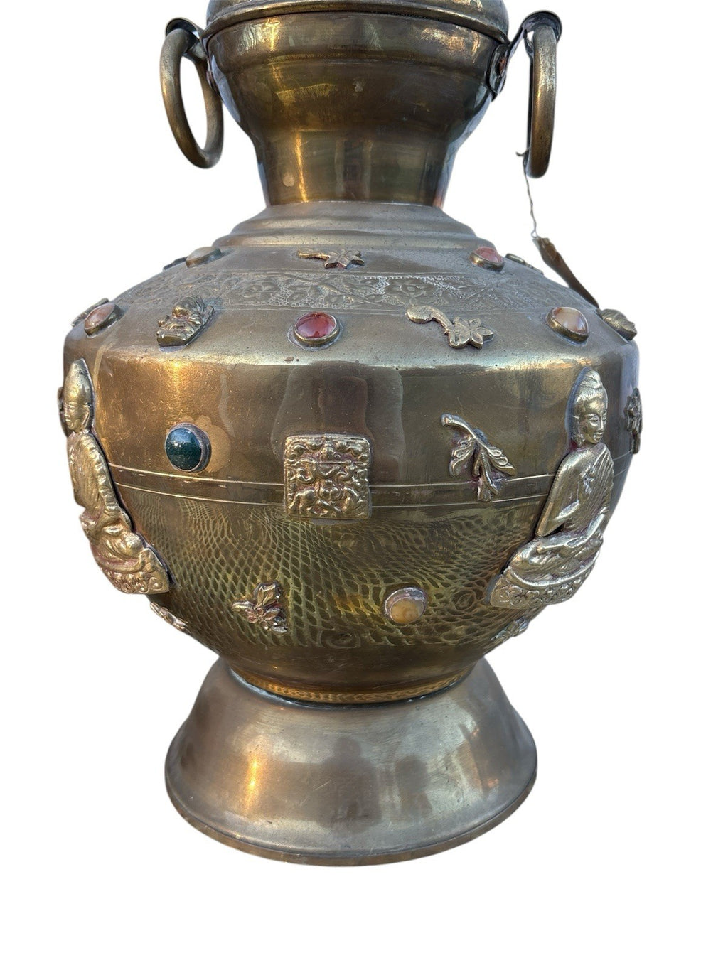 Pair Antique Tibetan Buddhist India Brass Urn/Lamps Stones Buddha Ganesh