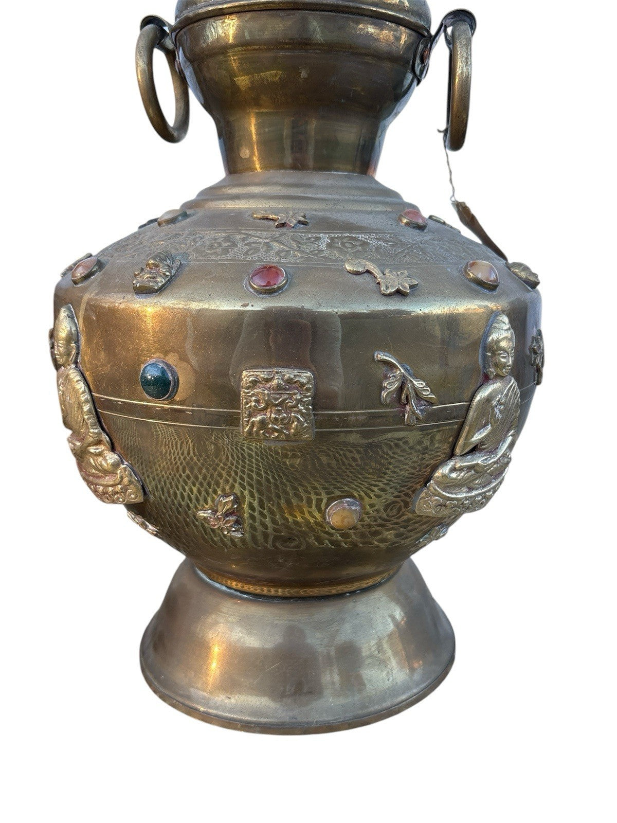Pair Antique Tibetan Buddhist India Brass Urn/Lamps Stones Buddha Ganesh