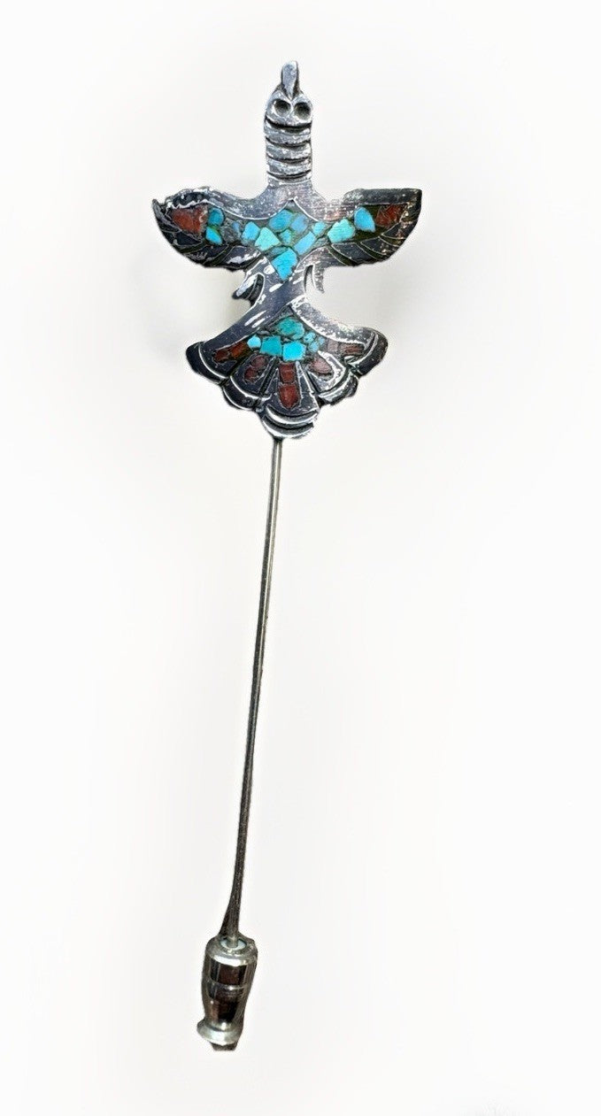 Vintage Native American Thunderbird Inlay Stick Pin Turquoise Coral