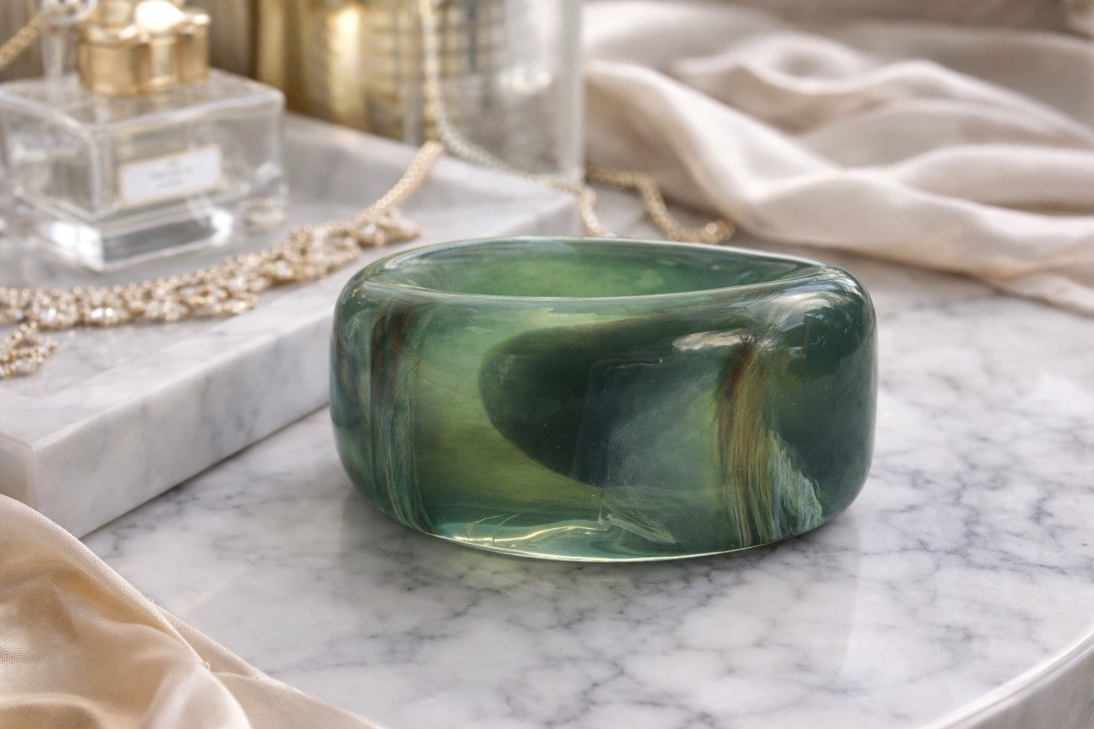 Rare Wide Marbled Green Bangle Cuff | Art Deco Era Statement Bracelet