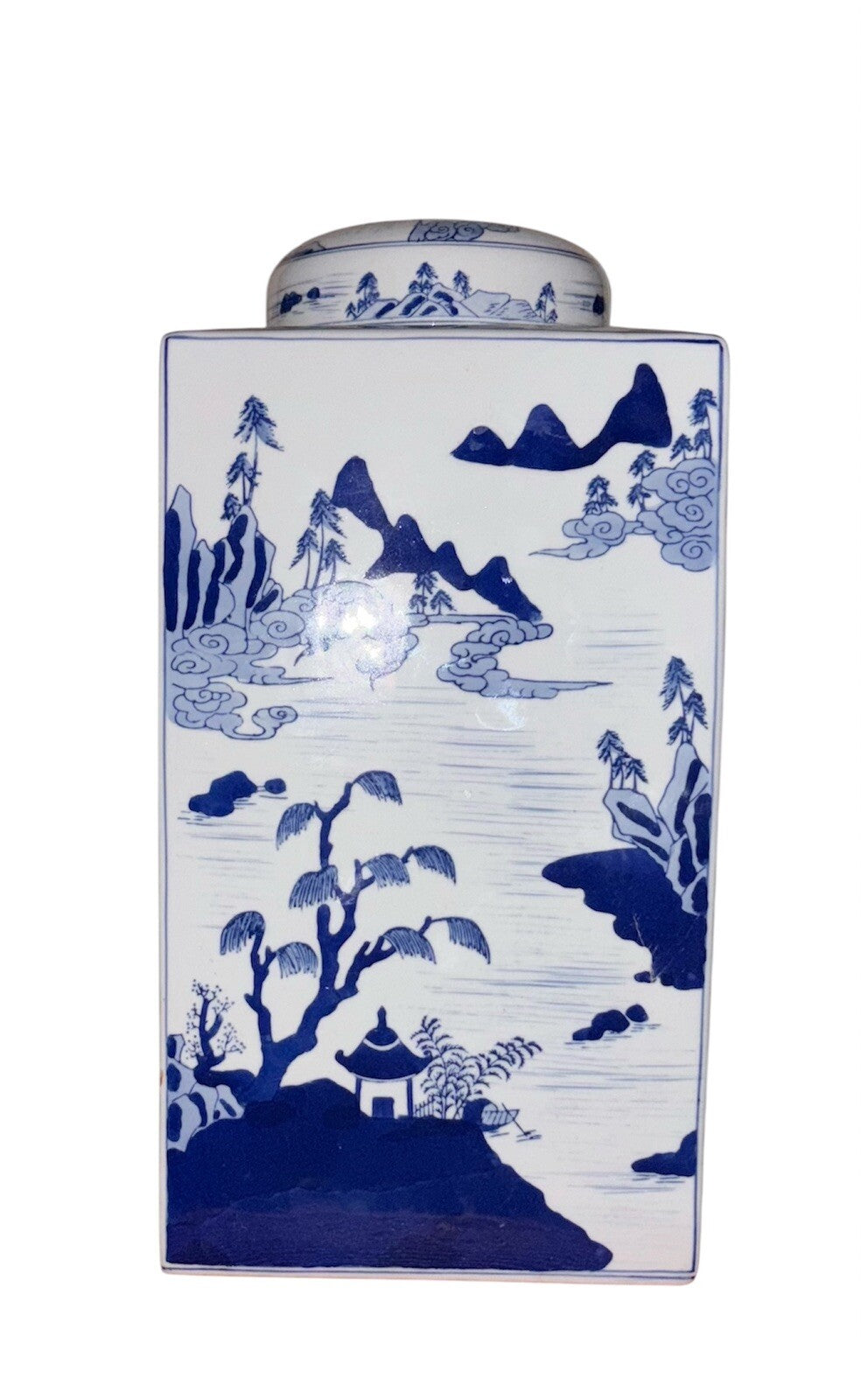Elegant Blue & White Porcelain Tea Caddy – Hand-Painted Asian Landscape Jar 15”