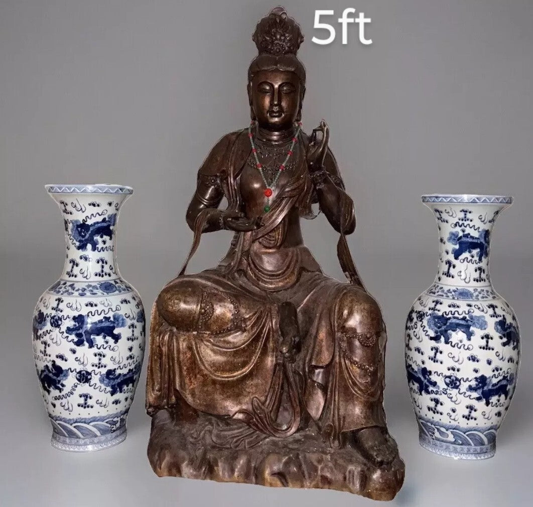 Antique Pair Large Blue & White Foo Dog Vases, 37” Tall,  Chinese Porcelain