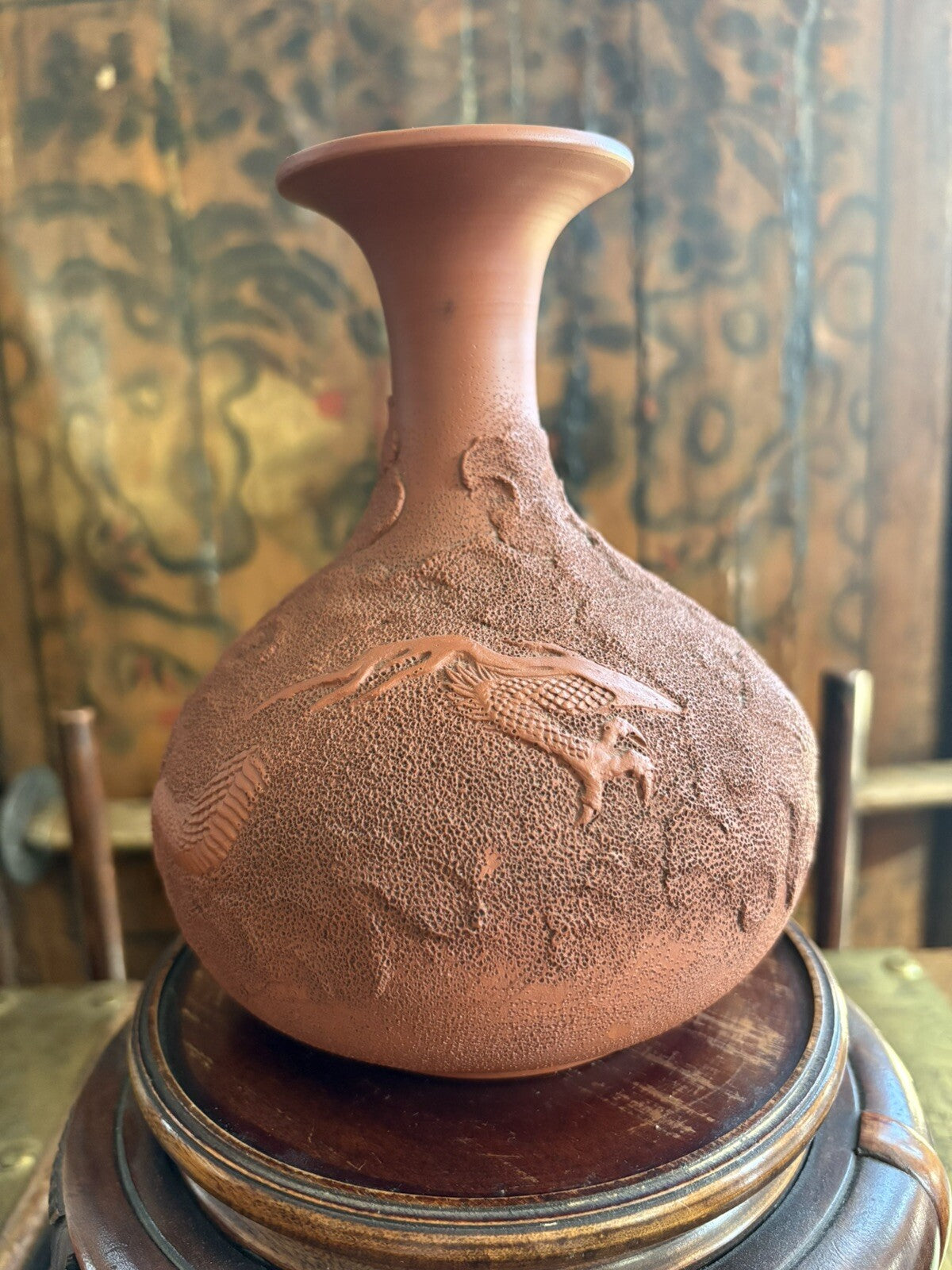 JAPANESE MOLDED RED  POTTERY JAR, MEIJI PERIOD 6.5” Tall