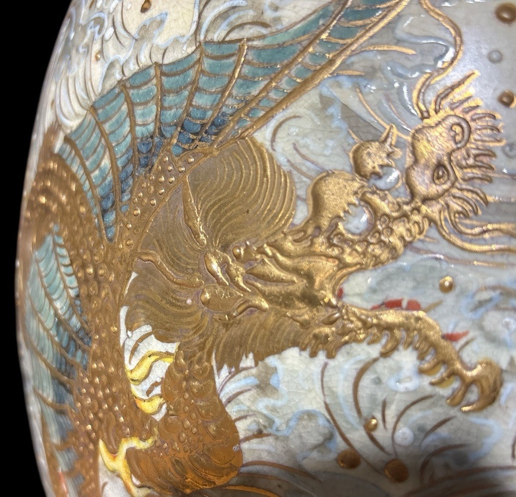 Large 1800s Satsuma Kinkozan Vase – Gilt Dragons, Phoenix, Roses, Heavy Enamel