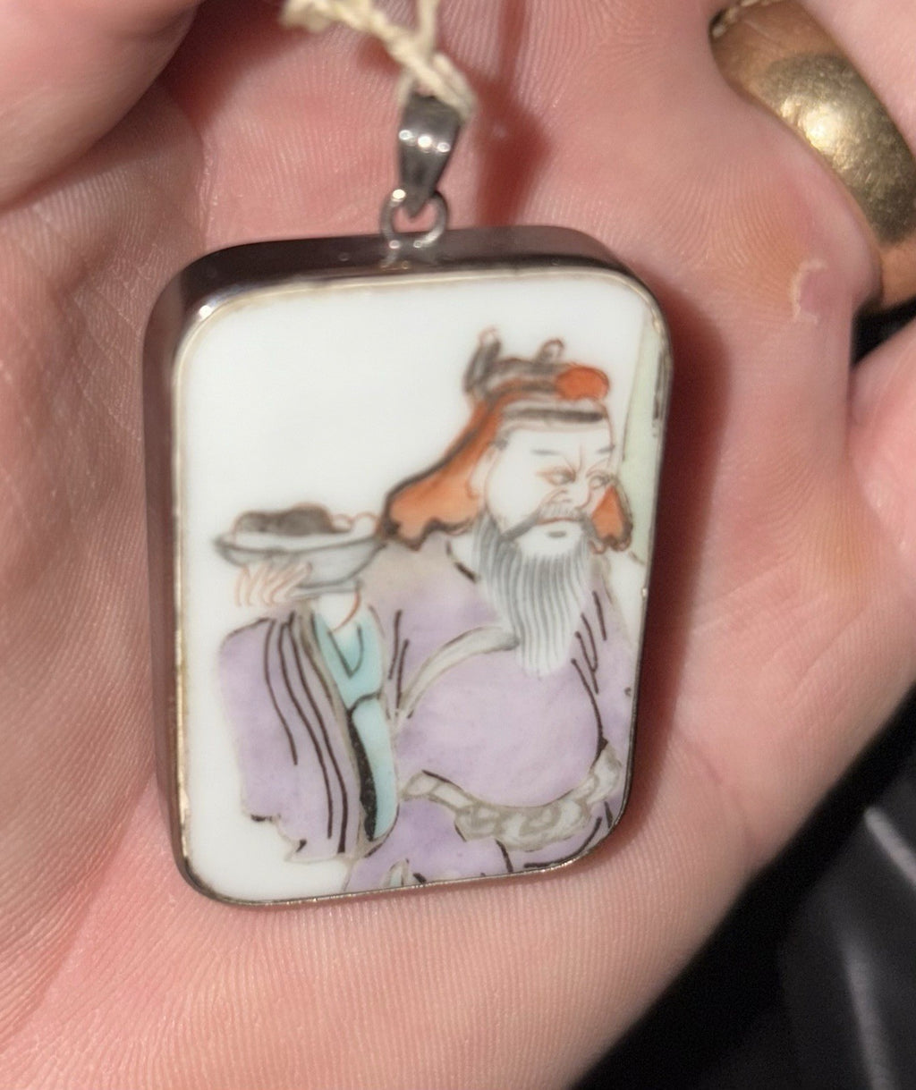 Vintage Chinese Hand Painted Porcelain Scholar Pendant 925 Sterling Silver