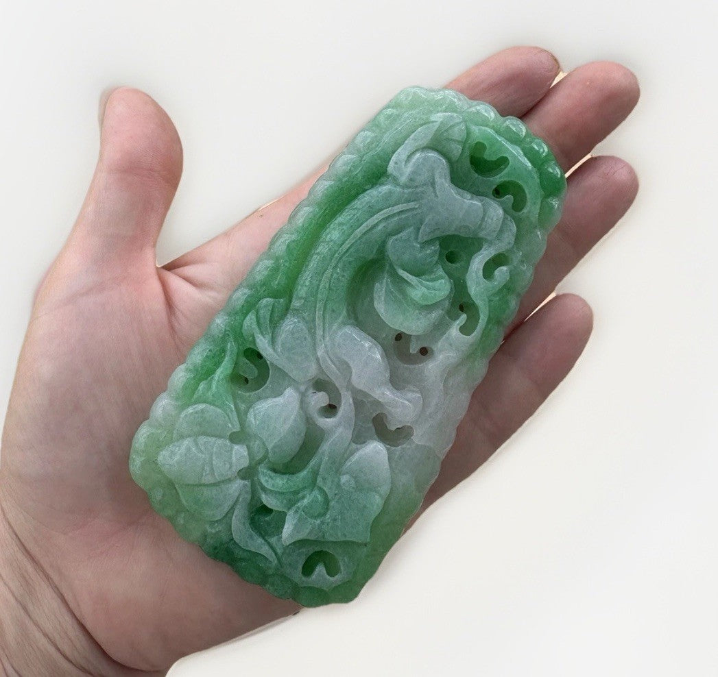Antique Chinese Natural Jade Openwork Lotus Plaque Carving 143g Estate