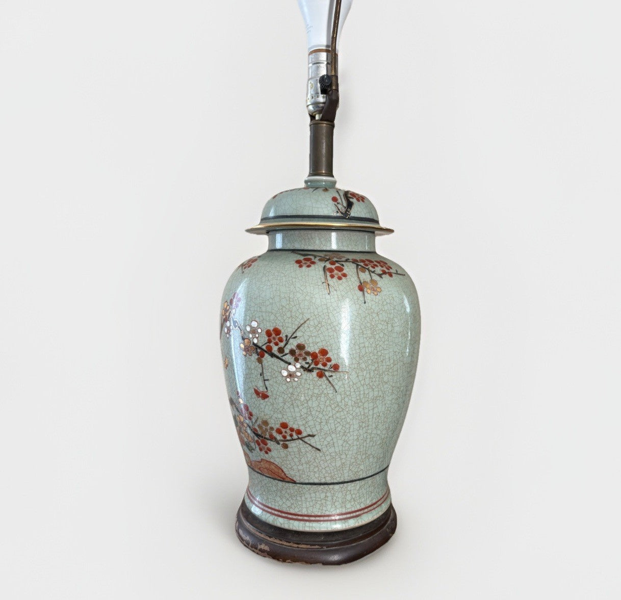 Vintage Chinese Celadon Crackle Ginger Jar Lamp Birds Blossoms Gilt